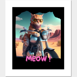 Cool cat on motorbike in desert 2 Posters and Art